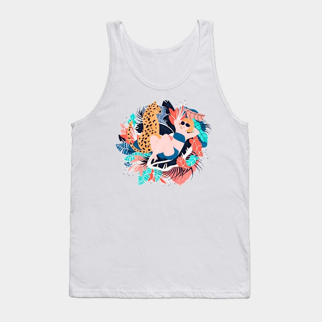 Yellow Hair Girl Sunbathing with Cheetah and Tropical Leaves and Flowers Tank Top by Lidiebug